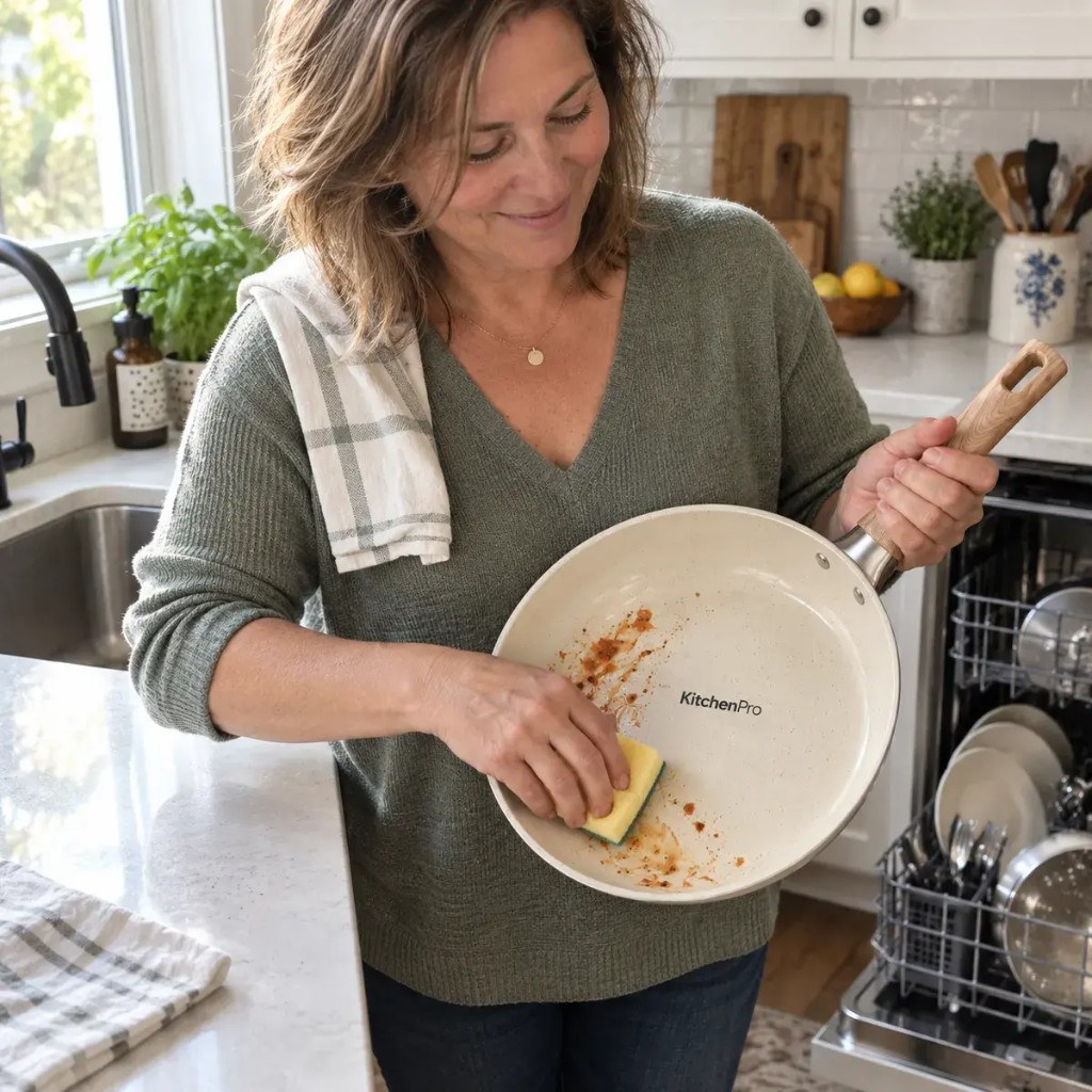 Pulizia in pochi passi con spugna — padella KitchenPro in ceramica