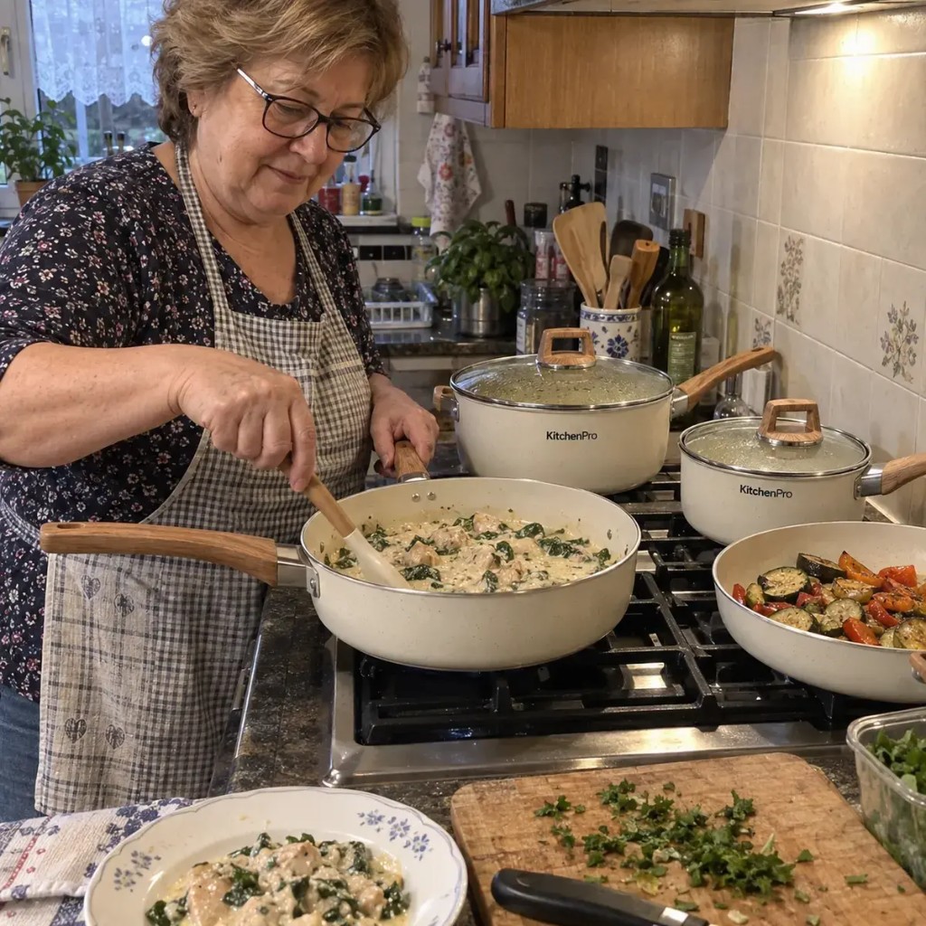 Donna che cucina ogni giorno con le pentole KitchenPro